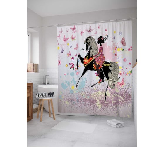 Штора (занавеска) для ванной JoyArty "Привлекательная всадница" из сатена, 180х200 см с крючками, sc_2931 1