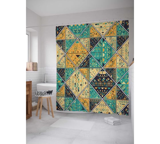 Штора (занавеска) для ванной JoyArty "Геометрическая схема" из сатена, 180х200 см с крючками, sc_29033 1