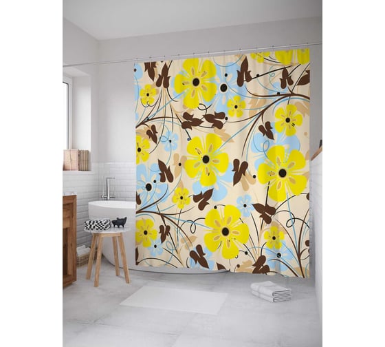 Штора (занавеска) для ванной JoyArty "Цветочное любопытство" из сатена, 180х200 см с крючками, sc_29884