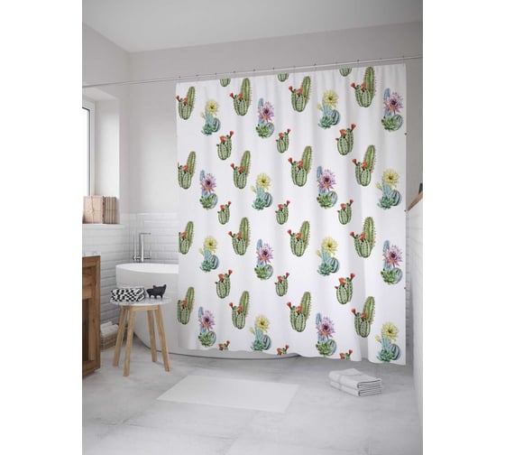 Штора (занавеска) для ванной JoyArty "Цветы на кактусах" из сатена, 180х200 см с крючками, sc_36178 1