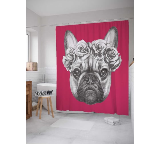 Штора (занавеска) для ванной JoyArty "Бульдожья романтика" из сатена, 180х200 см с крючками, sc_29758 1