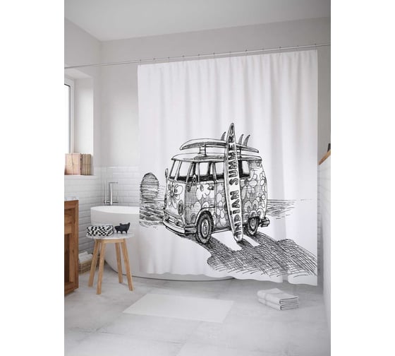 Штора (занавеска) для ванной JoyArty "Эскиз поездки" из сатена, 180х200 см с крючками, sc_29727 1