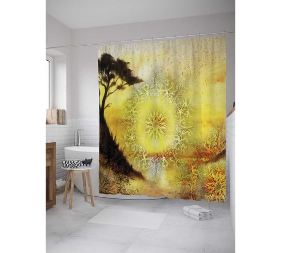 Штора (занавеска) для ванной JoyArty "Рассвет мандалы" из сатена, 180х200 см с крючками, sc_36120