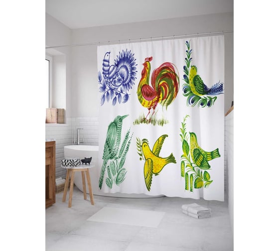 Штора (занавеска) для ванной JoyArty "Яркие птицы" из сатена, 180х200 см с крючками, sc_29788 1