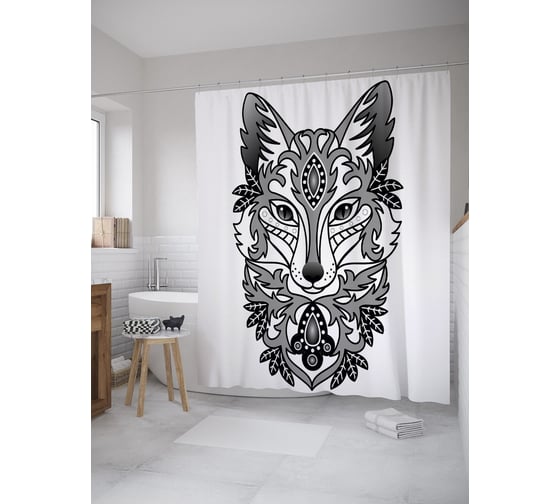 Штора (занавеска) для ванной JoyArty "Орнаментальный лис" из сатена, 180х200 см с крючками, sc_39214 1