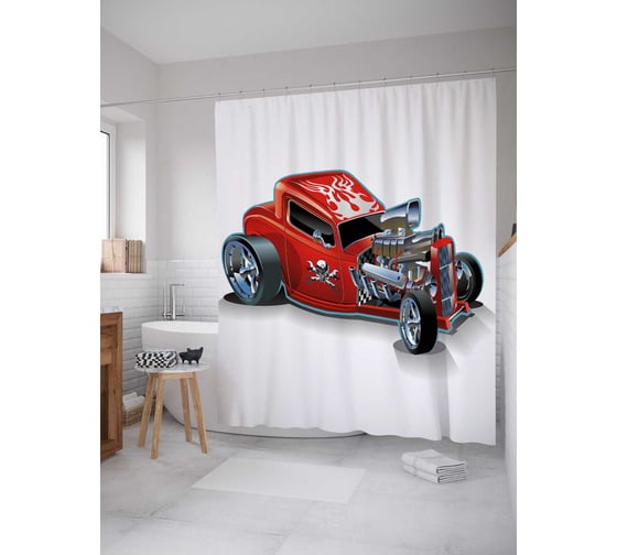 Штора (занавеска) для ванной JoyArty "Гоночная машинка" из сатена, 180х200 см с крючками, sc_30015 1