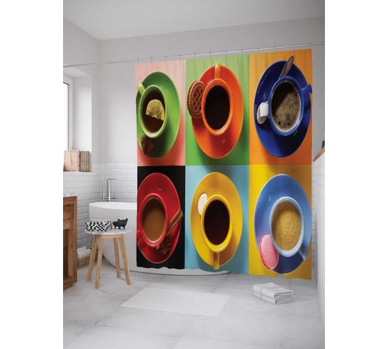 Штора (занавеска) для ванной JoyArty "Цветные чашки" из сатена, 180х200 см с крючками, sc_29939 1