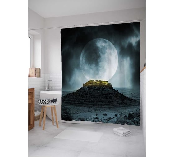 Штора (занавеска) для ванной JoyArty "Лунная ночь" из сатена, 180х200 см с крючками, sc_29772