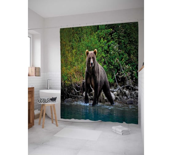 Штора (занавеска) для ванной JoyArty "Медведь в реке" из сатена, 180х200 см с крючками, sc_35718 1