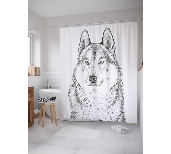 Штора (занавеска) для ванной JoyArty "Эскиз волка" из сатена, 180х200 см с крючками, sc_29800