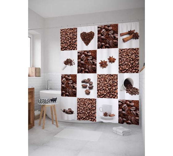 Штора (занавеска) для ванной JoyArty "Кофейные квадраты" из сатена, 180х200 см с крючками, sc_29940 1