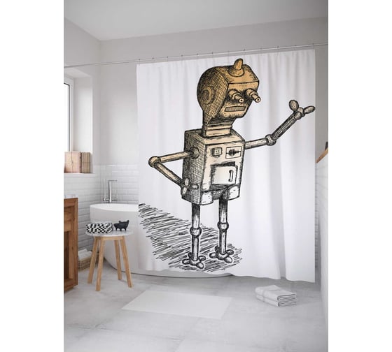 Штора (занавеска) для ванной JoyArty "Помощник-робот" из сатена, 180х200 см с крючками, sc_29670 1