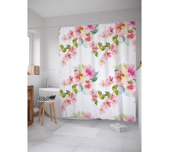 Штора (занавеска) для ванной JoyArty "Нежные цветы" из сатена, 180х200 см с крючками, sc_29666 1