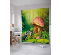 Штора (занавеска) для ванной JoyArty "Домик-гриб у водопада" из сатена, 180х200 см с крючками, sc_29754