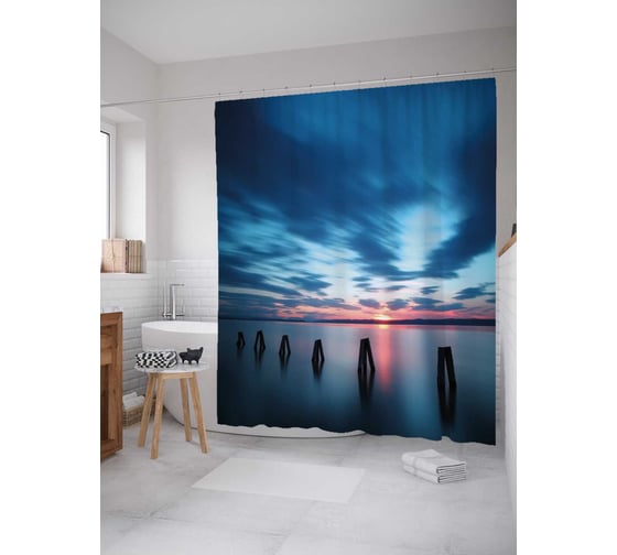 Штора (занавеска) для ванной JoyArty "Океанский закат" из сатена, 180х200 см с крючками, sc_29715 1