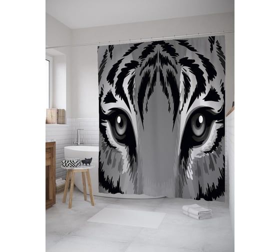 Штора (занавеска) для ванной JoyArty "Взгляд серого тигра" из сатена, 180х200 см с крючками, sc_39140 1