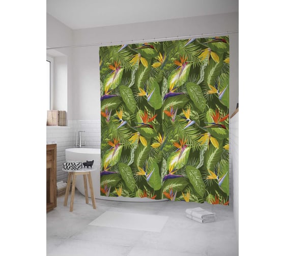 Штора (занавеска) для ванной JoyArty "Тропическое цветение" из сатена, 180х200 см с крючками, sc_36029 1
