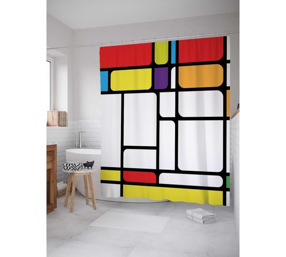 Штора (занавеска) для ванной JoyArty "Геометрическая цветная головоломка" из сатена, 180х200 см с крючками, sc_30021 1