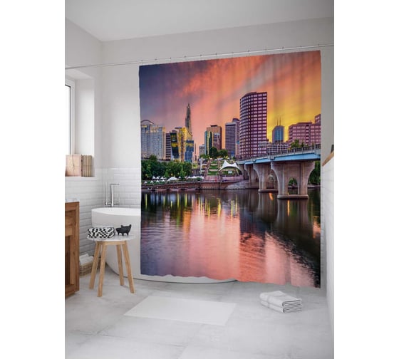 Штора (занавеска) для ванной JoyArty "Закатное небо над городом" из сатена, 180х200 см с крючками, sc_36808 1