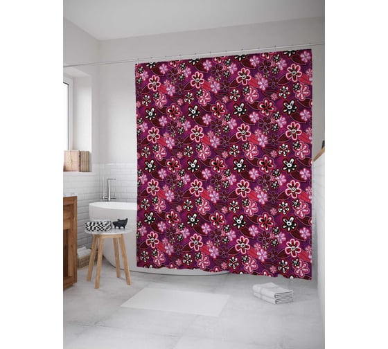 Штора (занавеска) для ванной JoyArty "Фиолетовые цветы" из сатена, 180х200 см с крючками, sc_29799 1
