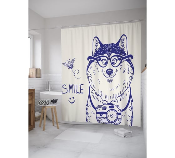 Штора (занавеска) для ванной JoyArty "Пес-путешественник" из сатена, 180х200 см с крючками, sc_39421 1
