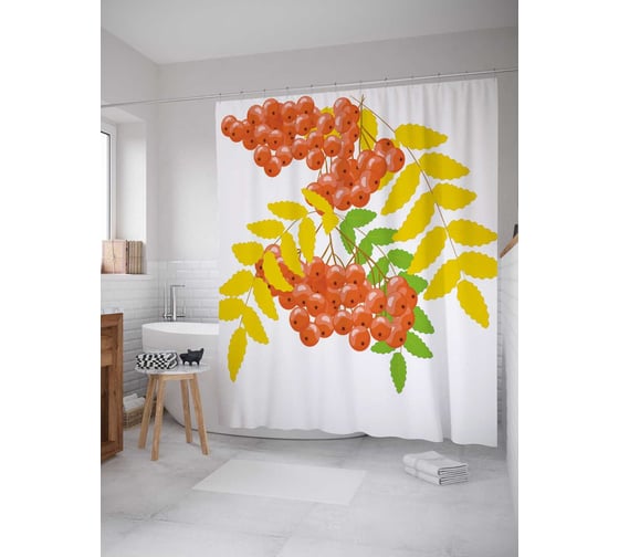 Штора (занавеска) для ванной JoyArty "Рябина в начале осени" из сатена, 180х200 см с крючками, sc_38404