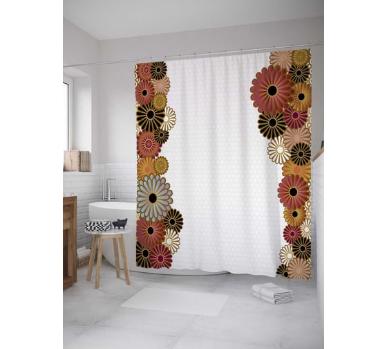 Штора (занавеска) для ванной JoyArty "Цветочные фигуры" из сатена, 180х200 см с крючками, sc_31150 1