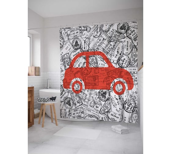 Штора (занавеска) для ванной JoyArty "Красная машина в штампах" из сатена, 180х200 см с крючками, sc_30378 1