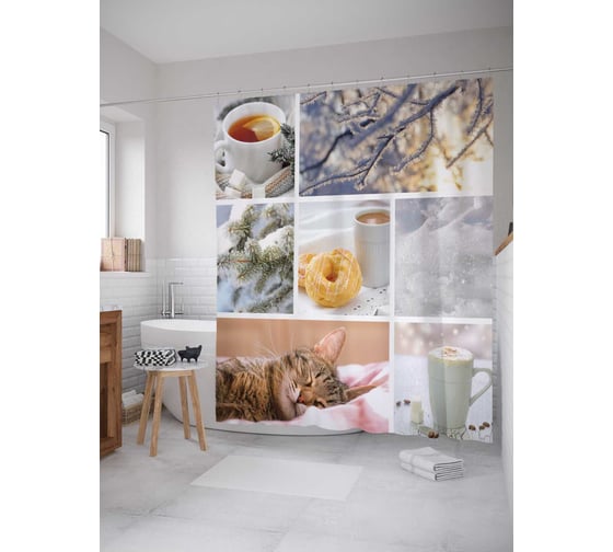 Штора (занавеска) для ванной JoyArty "Домашний зимний уют" из сатена, 180х200 см с крючками, sc_29901 1