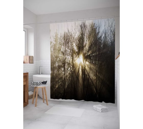 Штора (занавеска) для ванной JoyArty "Лучи солнца сквозь ветки" из сатена, 180х200 см с крючками, sc_30301