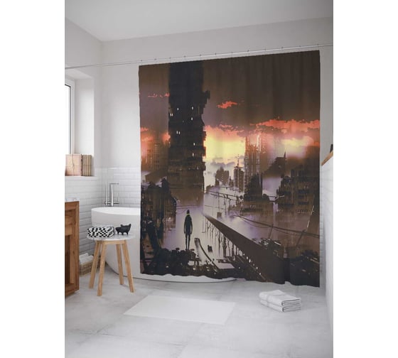 Штора (занавеска) для ванной JoyArty "Крушение города" из сатена, 180х200 см с крючками, sc_30863 1