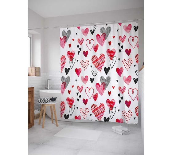 Штора (занавеска) для ванной JoyArty "Романтичные сердечки" из сатена, 180х200 см с крючками, sc_29830 1