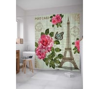 Штора (занавеска) для ванной JoyArty "Розы и эйфелева башня" из сатена, 180х200 см с крючками, sc_29970