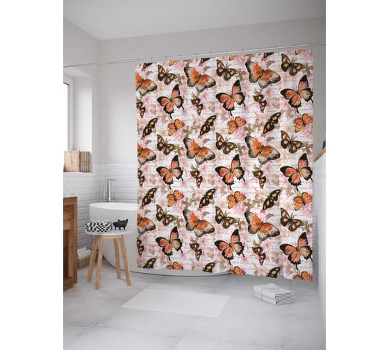 Штора (занавеска) для ванной JoyArty "Оранжевые бабочки" из сатена, 180х200 см с крючками, sc_29908 1
