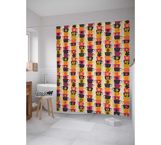 Штора (занавеска) для ванной JoyArty "Полосы из чашек" из сатена, 180х200 см с крючками, sc_29907 1
