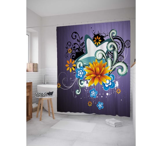 Штора (занавеска) для ванной JoyArty "Цветочные завитки" из сатена, 180х200 см с крючками, sc_30775 1