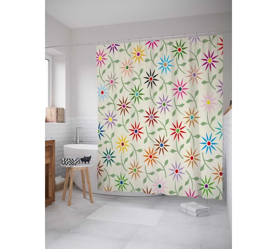 Штора (занавеска) для ванной JoyArty "Цветочные полосы" из сатена, 180х200 см с крючками, sc_29823 1