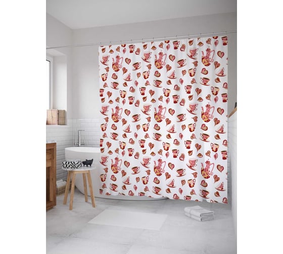 Штора (занавеска) для ванной JoyArty "Любовь к чаепитию" из сатена, 180х200 см с крючками, sc_29996 1