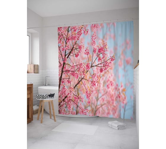 Штора (занавеска) для ванной JoyArty "Нежное цветение" из сатена, 180х200 см с крючками, sc_29820 1