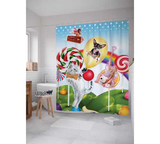 Штора (занавеска) для ванной JoyArty "Город сладости" из сатена, 180х200 см с крючками, sc_29871 1