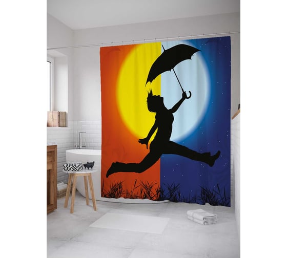 Штора (занавеска) для ванной JoyArty "Танец с зонтом" из сатена, 180х200 см с крючками, sc_29891 1