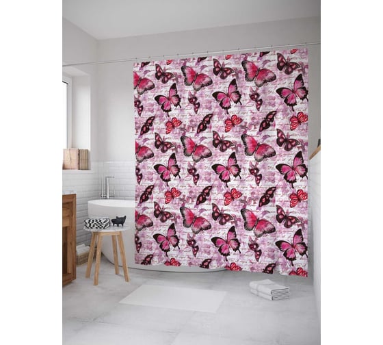 Штора (занавеска) для ванной JoyArty "Розовые бабочки" из сатена, 180х200 см с крючками, sc_29909 1