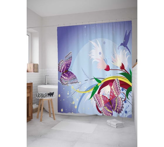 Штора (занавеска) для ванной JoyArty "Сиреневые бабочки" из сатена, 180х200 см с крючками, sc_29834 1