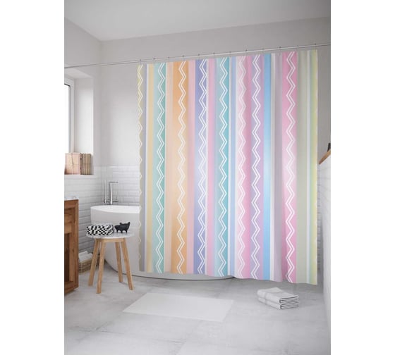 Штора (занавеска) для ванной JoyArty "Пастельные полосы зигзагов" из сатена, 180х200 см с крючками, sc_29865 1