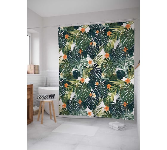 Штора (занавеска) для ванной JoyArty "Тропический стиль" из сатена, 180х200 см с крючками, sc_52413 1