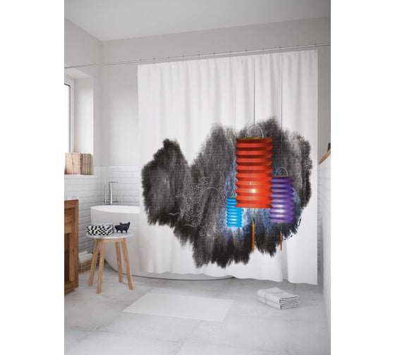 Штора (занавеска) для ванной JoyArty "Китайские светильники" из сатена, 180х200 см с крючками, sc_38787 1