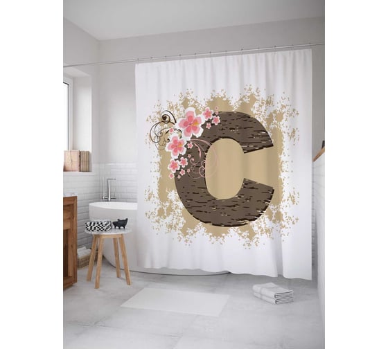 Штора (занавеска) для ванной JoyArty "Цветочная c" из сатена, 180х200 см с крючками, sc_4045c 1