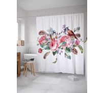 Штора (занавеска) для ванной JoyArty "Птицы в пионах" из сатена, 180х200 см с крючками, sc_30008