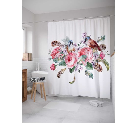 Штора (занавеска) для ванной JoyArty "Птицы в пионах" из сатена, 180х200 см с крючками, sc_30008 1