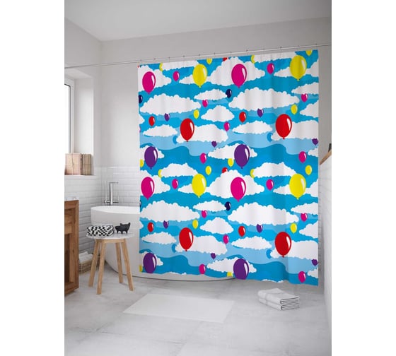 Штора (занавеска) для ванной JoyArty "Шаровая радуга" из сатена, 180х200 см с крючками, sc_31044